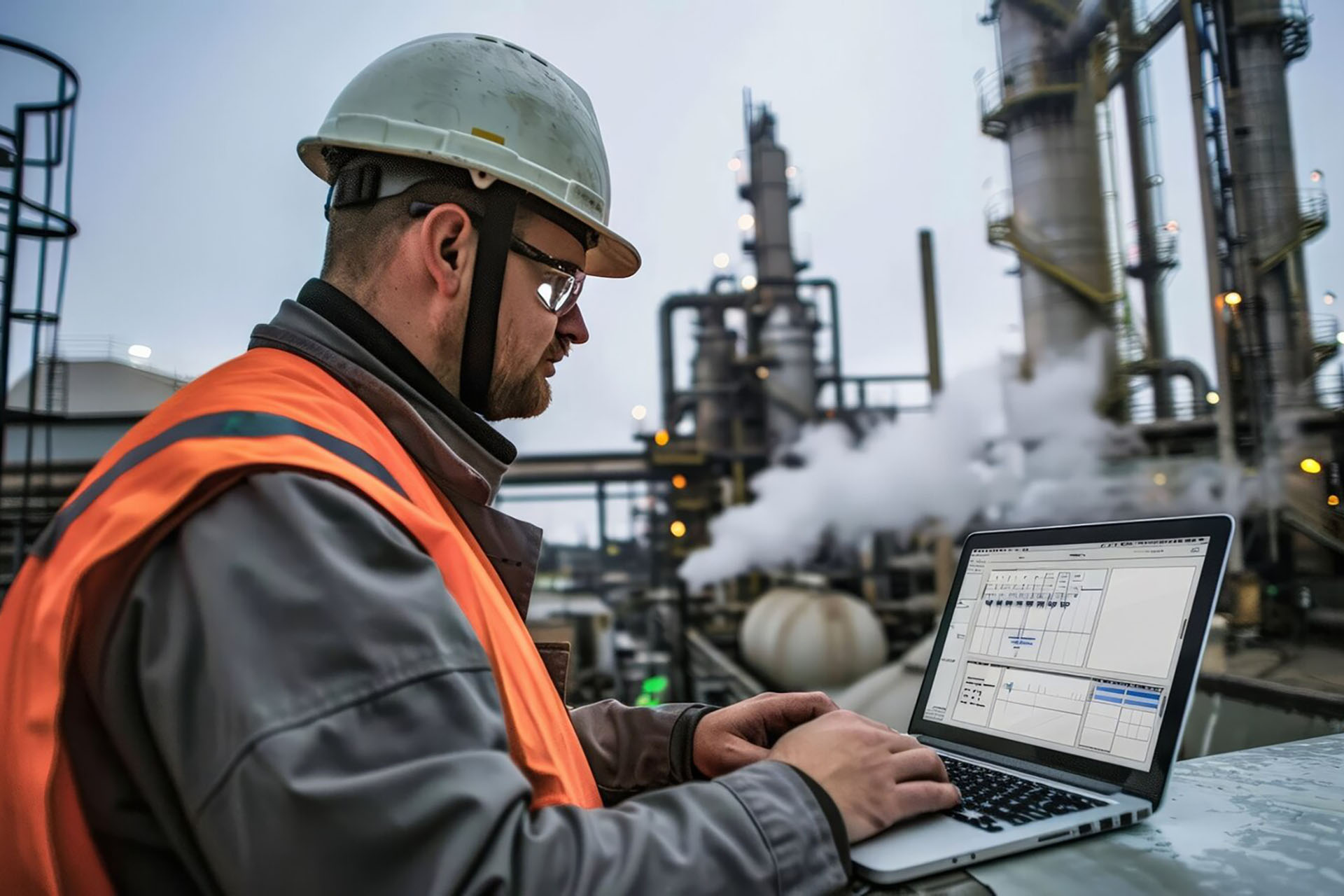 portrait-engineers-work-hours-job-site_23-2151589601 Industrial engineer wearing a hard hat and safety vest using a laptop at a gas processing plant for system monitoring and automation control.